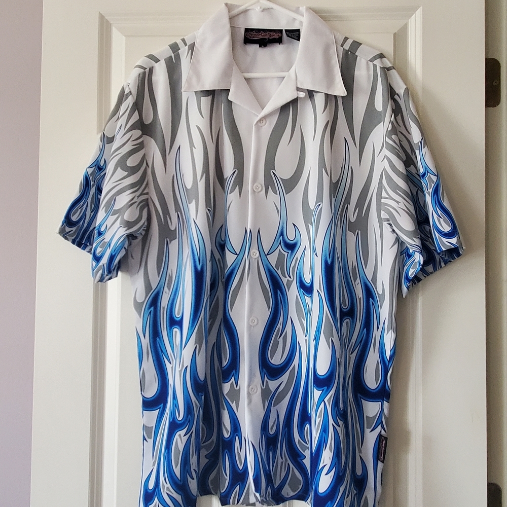 Sapphire Lounge Button Down Shirt White w/Flames Size L